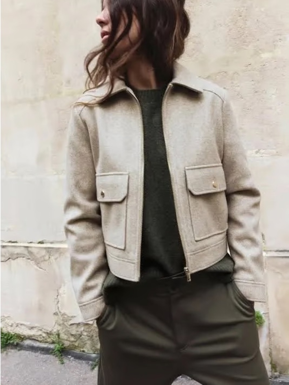 Zara Beige Wool Zip Jacket - Casual Crop Coat size Large - Picture 4 of 12